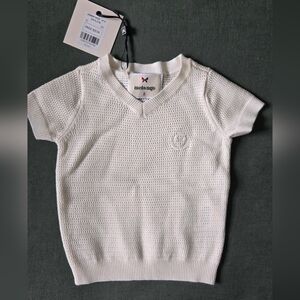 Melange Cream Knit V-Neck Short-Sleeve Sweater